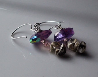 Amethyst Earrings Mystic Purple Faceted Gemstones Sterling Silver Ruffle Disc Dangles Iridescent AB Gift Box
