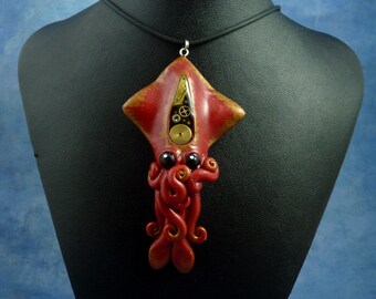 Gilded Steampunk Squid Necklace, Polymer Clay Jewelry