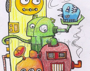 Rainbow Bots cartoon robots lowbrow fun illustration open edition Art Print 8x10 signed
