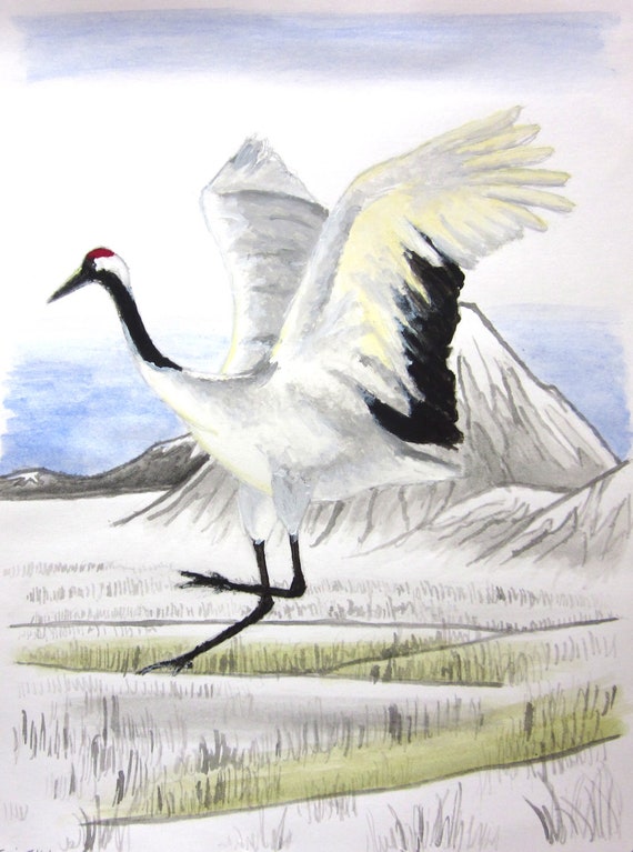 Items similar to Japanese winter bird art - Japanese Crane In Acrylic