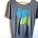 SAMPLE SALE - Starving Artist - Hand Stenciled Deep Scoop Back Hi Lo Heather Burnout Tee in Charcoal and Lime Green and Teal - L