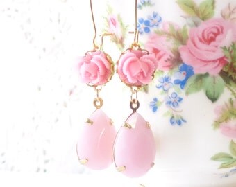 Pretty In Pink - Vintage Jewel Flower Earrings - Pink Rhinestone - Ruffled Rose - Bridal - Pink Dangle Earrings