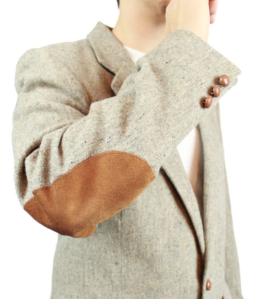 Elbow Patch Blazer 40L Vintage Mens Gray Wool Tweed