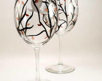 Hand painted wine glasses, crescent moon and Autumn leaves, Fall table setting, Autumn painted glassware, set of 2