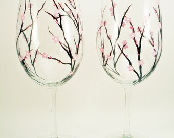 Hand painted wine glasses, pink cherry blossoms, large painted wine glasses, cherry blossom glasses - set of 2