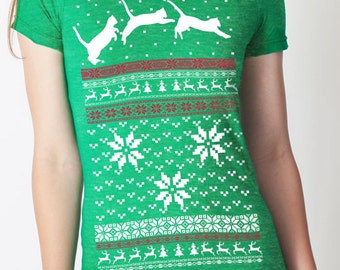 Ugly Christmas Sweater t shirt -- Cats jumping women's -- S M L XL XXL skip n whistle