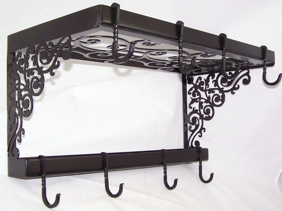 Victorian Iron Pot Pan Rack Spice Shelf Wall Mount Kitchen - Victorian Iron Pot Pan Rack Spice Shelf Wall Mount Kitchen Storage Fancy  Hooks