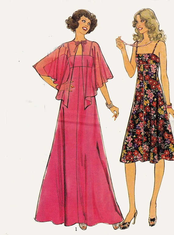 Empire Waist Dress Maxi Dress Capelet 1970s Vintage Sewing