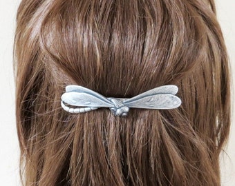 Large Steampunk Dragonfly Barrette- Sterling Silver Ox Finish French Barrette
