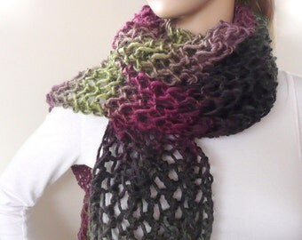 Winter Scarf Hand Knit Scarf Long Purple and Green Wool Blend Neck ...