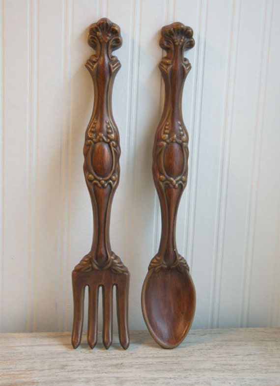 Large Fork Spoon Wall Hanging Vintage Ceramic brown Kitchen