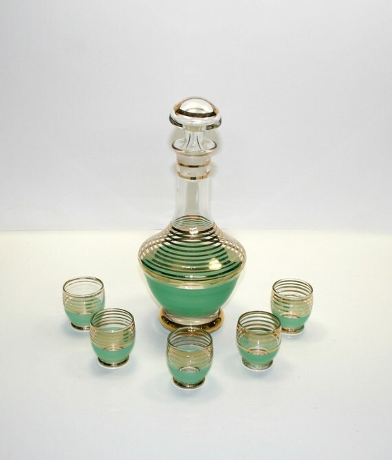 1940s art deco Shot Glasses and Liquor Decanter Gold and