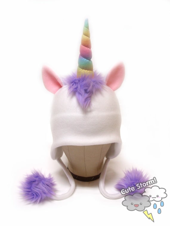 Magic Rainbow Unicorn Horned Fleece earflap hat by CuteStorm
