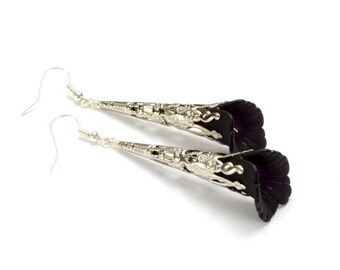 Steampunk Earrings, Victorian Steam Punk Earrings, Black Flower Earrings, Silver Dangle Earrings Steampunk Jewelry By Victorian Curiosities