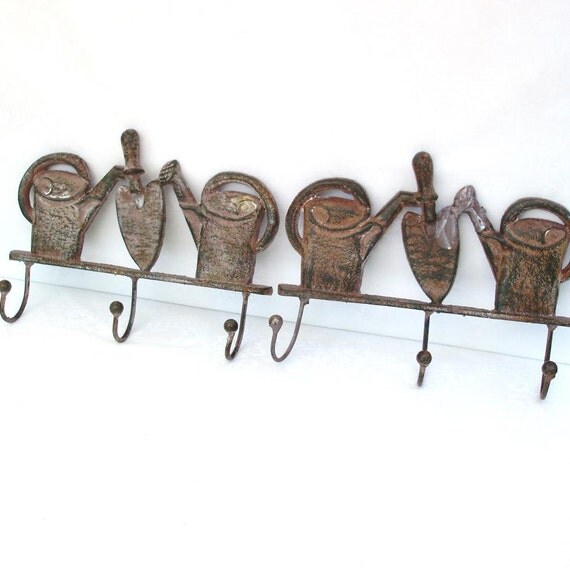 Vintage Industrial Iron Wall Rack with Hooks Cast by WhimzyThyme