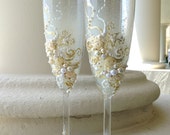 Wedding champagne glasses in ivory and white, wedding toasting flutes, wedding reception, bridal shower gift, custom glasses