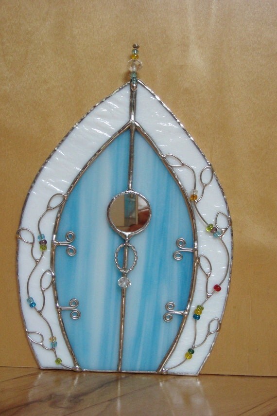 Fairy Door blue stained glass with wire vine by BelloGlass on Etsy