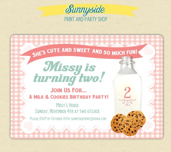 Vintage Milk Bottle & Cookies Birthday Party Invitation - Pink - Printable Il_570xn
