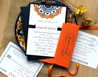 Beach Wedding Invitations, Navy Wedding Invitations, Spanish Wedding Invitations (As Seen on Style Me Pretty) - "Navajo Navy" Deposit