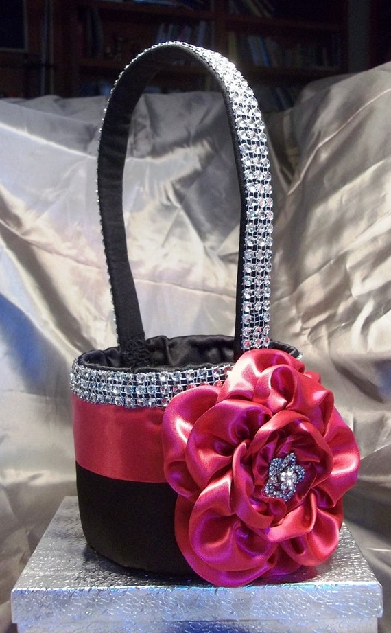 Black Flower Girl Basket with a Fuchsia Satin Rose Rhinestone Mesh handle and Trim