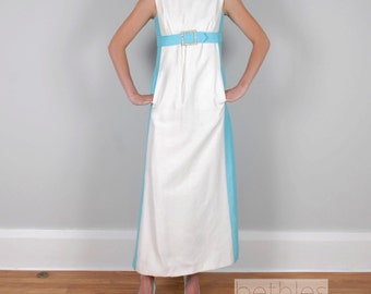 1950s Long Dress Blue and White Dress Evening Dress with Rhinestone Buckle Blue Sleeveless Party Dress Formal Dress Vintage 50s Gown