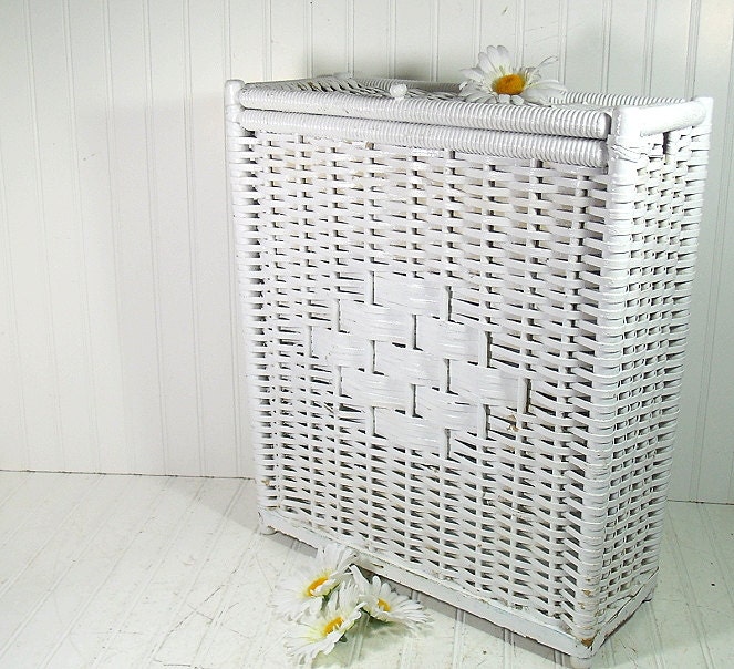 Vintage White Wicker & Wood Rectangular Hamper Shabby Chic