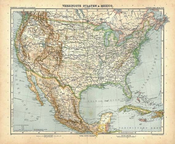 1914 United States and Mexico Vintage Map North America