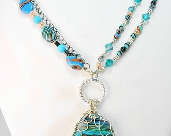 Blue Zebra Stripped Calsilica Necklace, Sterling, Swarovski, Hematite, Silver Wire wrapped, Boho, unique, gift under 50, bright, vivid color