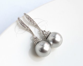 Grey Pearl Earrings Grey Wedding Jewelry Swarovski Light Grey Cubic Zirconia Bridesmaid Jewelry Dangle Bridesmaids Gift K041