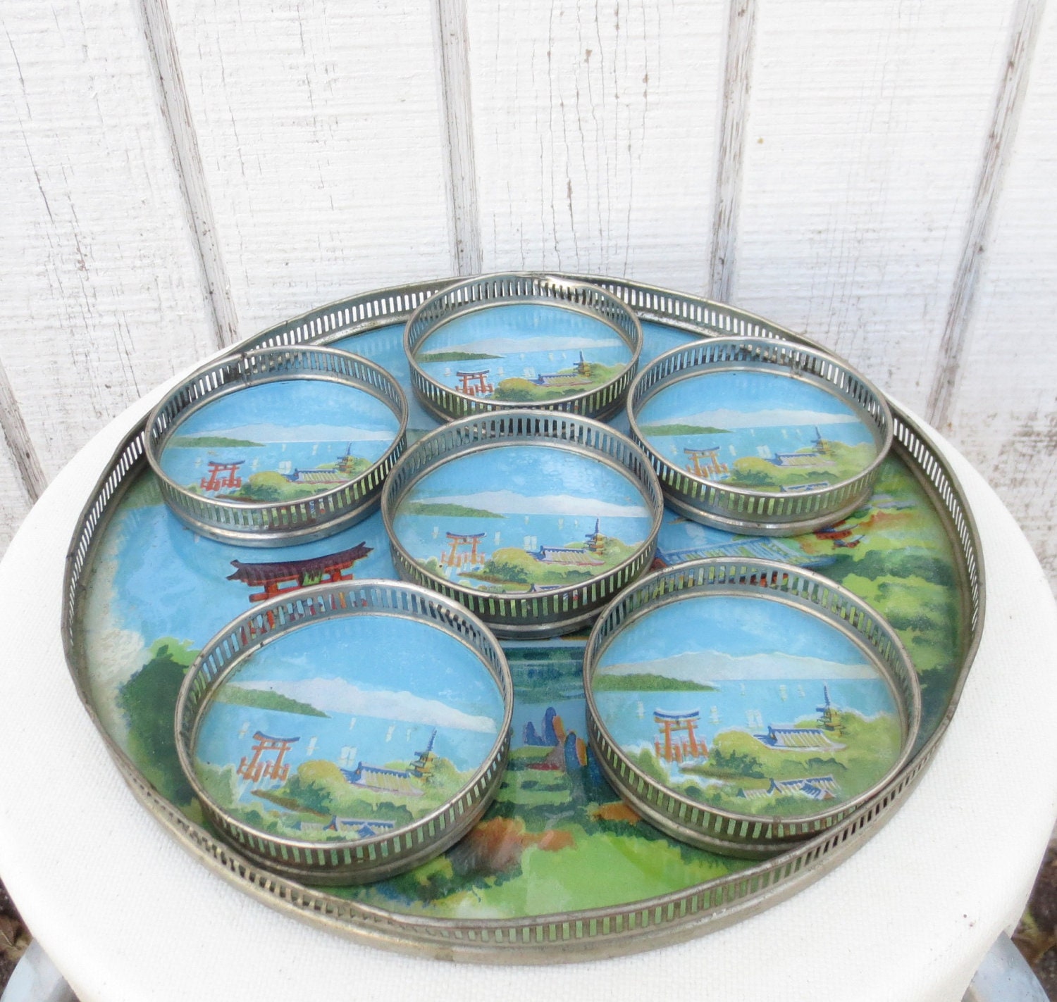 Vintage 60s Japanese Tray and Coaster Set Japan Souvenir Asian