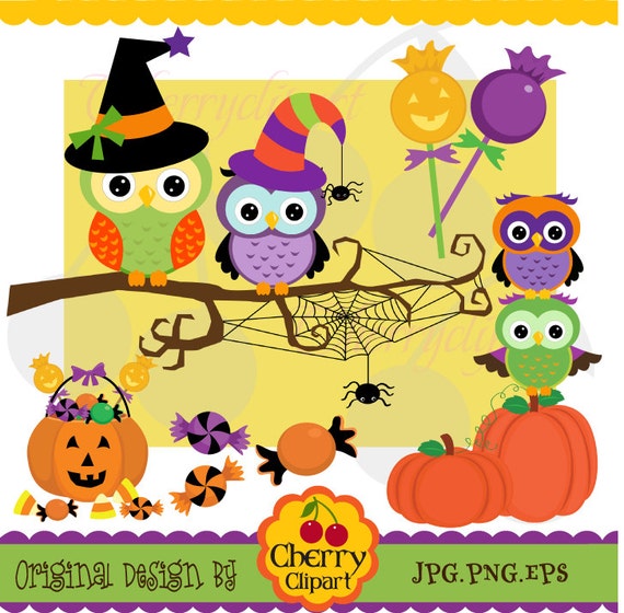Halloween Cute Owls Digital Clipart Elements Set for Personal