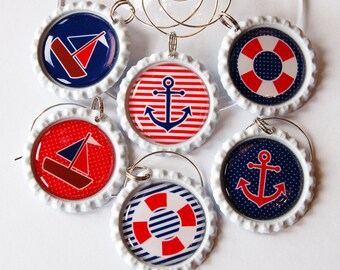 Nautical Wine Charms, Sailing charms, Wine Glass Charms, Wine Charms, Nautical Housewares, nautical, sailing, boat, anchor, red, blue