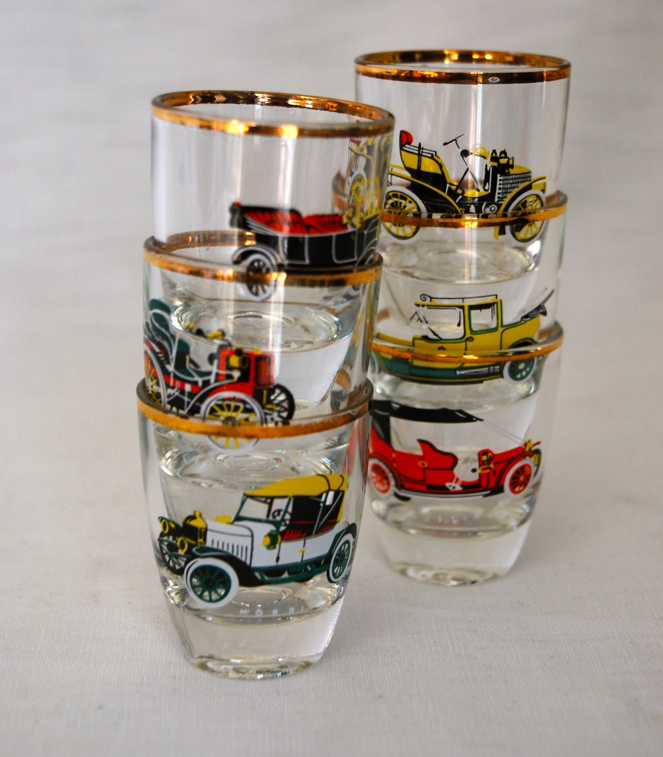 Set Of 6 Vintage 1960s Shot Glasses With Classic Car Motif 3533