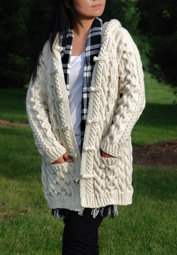 Hand Knit Women Chunky Cable Aran Irish Fisherman Sweater Coat