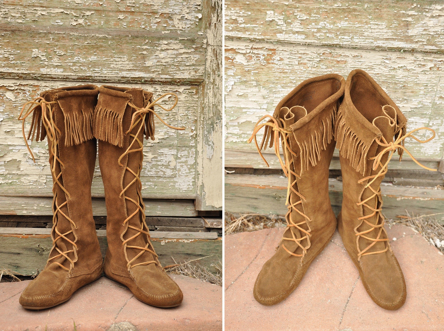 MINNETONKA Tall Boots Knee High Lace-up Brown Suede Moccasins