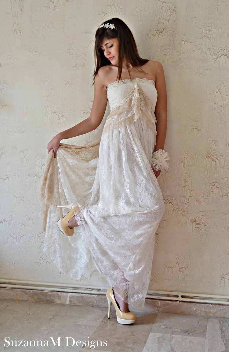 Ivory Lace Bohemian Wedding  Dress  Long by SuzannaMDesigns 