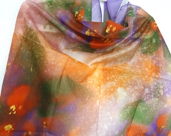 Silk Scarf Square. Hand Painted square Silk Scarf. Floral Silk Shawl. Orange Scarf. 35x35in. (90x90cm). Ready to Ship.