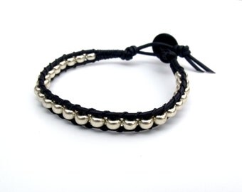 Silver Leather Wrap Bracelet Mens or Womens