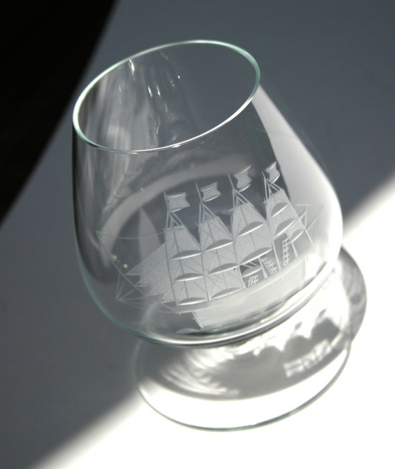 SAILBOAT Crystal Scotch Glass Brandy Snifters Etched Tall