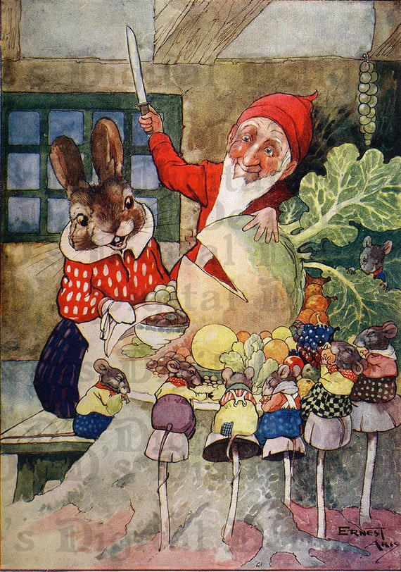 ADORABLE Gnome and Bunny. VINTAGE Fairy Tale DIGITAL