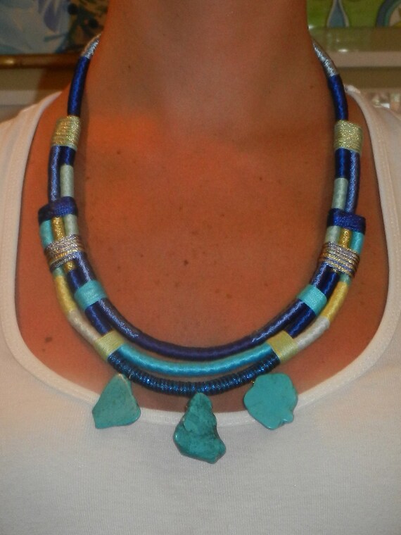 Items similar to Silk and Cotton Thread Layered Necklace with Turquoise