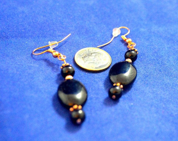 Black Agate Earrings with Pure Cooper, Natural Agate Beads, 2" Long, E200