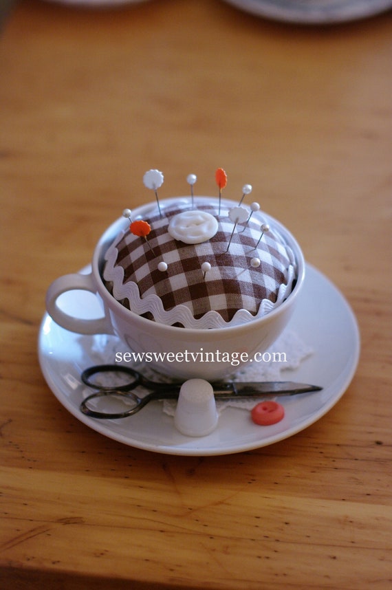 pin vintage  tea cup cup vintage cushion tea pincushion