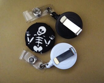Retractable Badge Holder - Fabric Covered Button - Dancing Skeleton