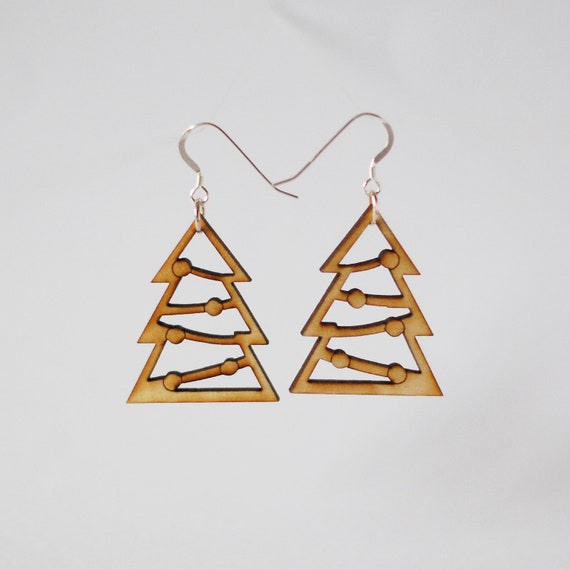 Christmas Tree Earrings Laser cut wooden earrings by PressSend