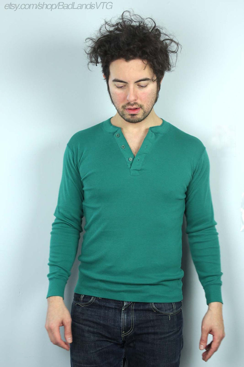 1970s Mens Teal Green Fitted Henley Shirt Sz Small