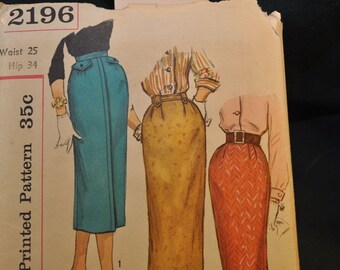 Simplicity 2196 - Three Classy 1950s Skirts - Easy To Sew - Great Vintage Pattern - One Yard Skirts - Waist 25 - Wiggle Skirt, Pencil Skirt