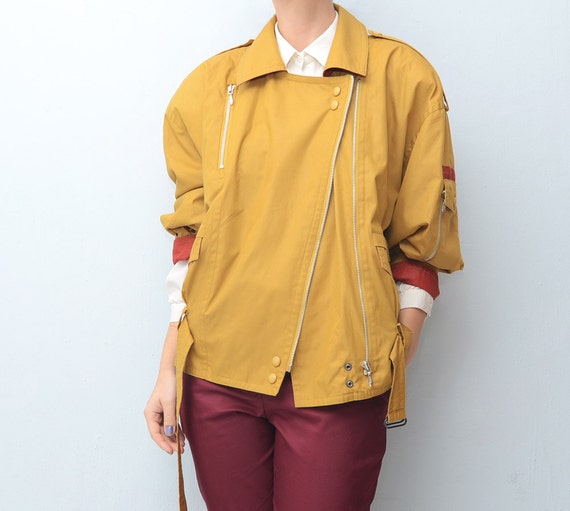 Vintage mustard yellow burgundy women 80s spring jacket