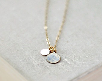 Delicate gold jewelry - antique brass two drops - double round charms - tiny coins - small discs - natural patina - edor Lamina necklace