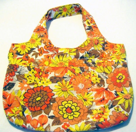 Handmade Funky Retro Bright Yellow and Orange Floral Hand Bag